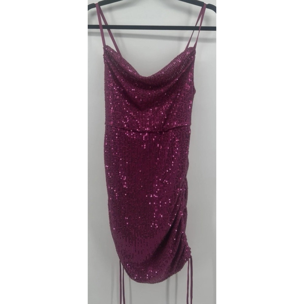 WILD FABLE Magenta Pink Sequin Mini Dress S Ruched Cowl Neck Y2K Party Festival